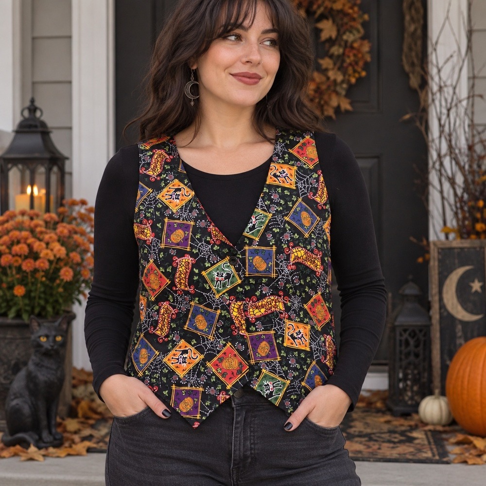 Basic Editions Halloween Vest Womens L Black Cats Pumpkins Whimsigoth